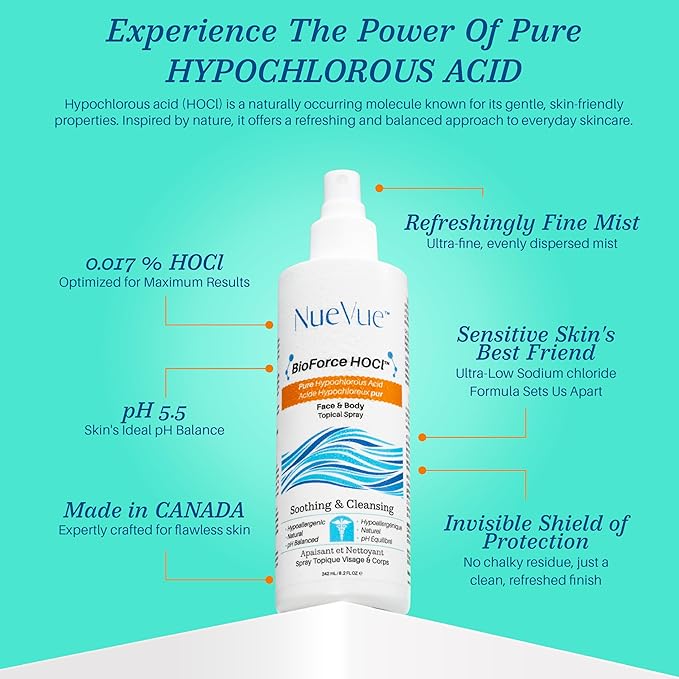 BioForce Pure Hypochlorous Acid Spray for Face & Body - Made in Canada - Gentle Skin Cleanser & Toner, Acne-Prone Skin, Eczema, Piercing aftercare, pH Balanced, Alcohol-Free, NueVue (2-Pack x 8.2oz)