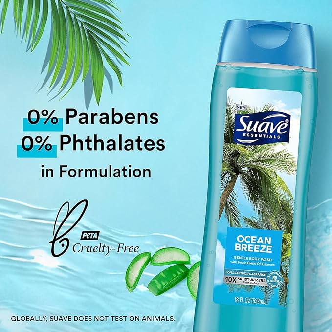 Suave Moisturizing Body Wash, with Ocean Breeze Scent and Vitamin E Extract, No Parabens, No Phtahaltes, 18 Oz Pack of 6