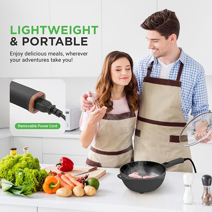 Nutrichef 4L Electric Frying Pan & 4L Steamer | Multifunctional Portable 1000W Non-Stick Pot for Cooking | Durable Heat Safe Handle | Touch Control Panel | Electric Hot Pot | Black