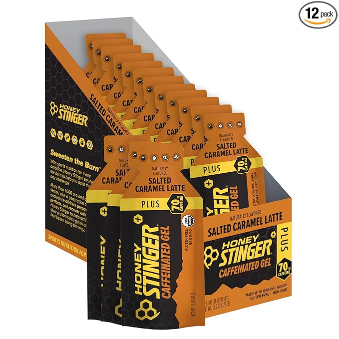 Honey Stinger Organic Salted Caramel Energy Gel | Caffeinated & Gluten Free | For Exercise, Running and Performance | Sports Nutrition for Home & Gym, Pre and Mid Workout | 12 Pack, 13.2 Ounce