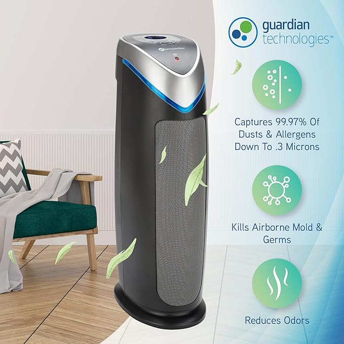 GermGuardian Air Purifier with HEPA Filter, 5-Speeds, Timer, Removes 99.97% of Pollutants, Covers Large Room up to 743 Sq. Foot Room in 1 Hr, UV-C Light Helps Reduce Germs, 22", Gray, AC4870