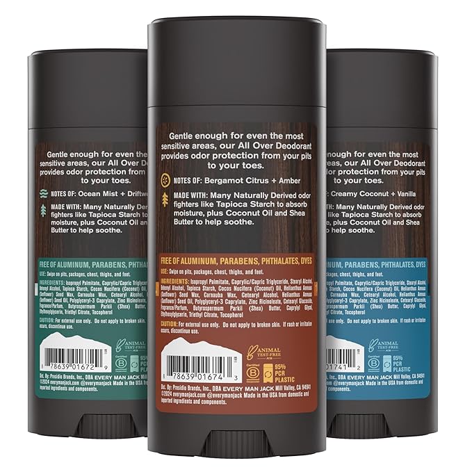 Every Man Jack All Over Deodorant Variety Pack - 24 Hour Whole Body Odor Protection - Aluminum Free - 1 Each of Fresh Citrus, Coastal Surf, and Coconut Vanilla Scents - 2.6 oz (3 Pack)