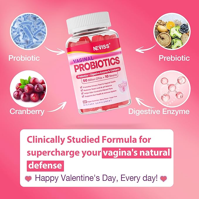 Vaginal Probiotics Gummies for Women PH Balance, Odor Control with Prebiotics, Cranberry, D-Mannose, Promotes Feminine Healthy Vaginal Flora, Urinary Tract, Yeast, Digestive Support, Sugar Free,120Cts