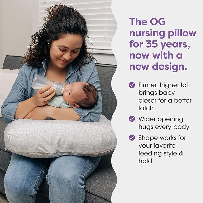 Boppy Nursing Pillow, Cream Retro Squiggles, Larger, More Supportive Pillow for Breastfeeding and Bottle Feeding; Firmer Fill, Higher Lift, Larger Area Than Original Nursing Pillow; JPMA Certified