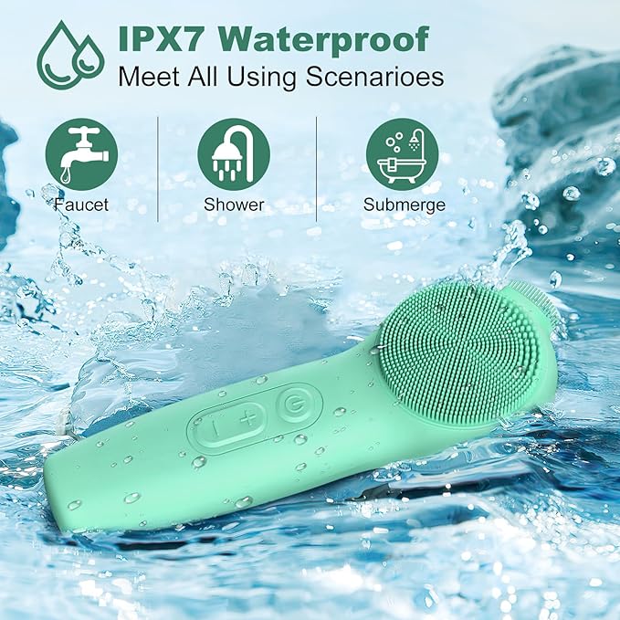 Facial Cleansing Brush, Silicone Electric Face Scrubber Waterproof Sonic Vibration Face Cleanser Brush for Men Women, Rechargeable Face Brushes with Nose Scrub Brush Exfoliating Massaging(Green)