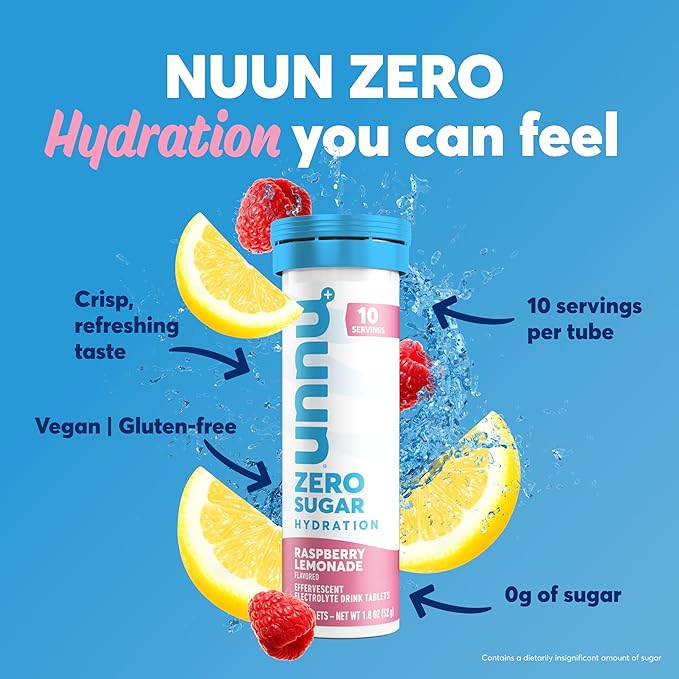 Nuun Zero Sugar Hydration Electrolyte Tablets - Sodium, Potassium, Chloride, Calcium, Magnesium, Light & Delicious Fruit Flavors, No Sugar, Gluten Free, Vegan, Raspberry Lemonade (80 Total Servings)