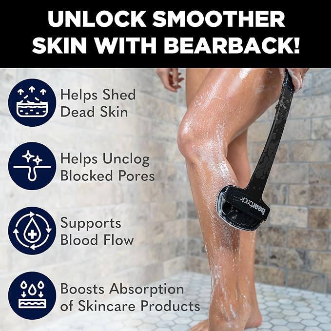 Bearback Silicone Body Scrubber with Extendable Folding Handle and Removable Scrub Brush – Premium Back & Shower Scrubber for Adults, Men, Women, Seniors – Gentle - Hygienic
