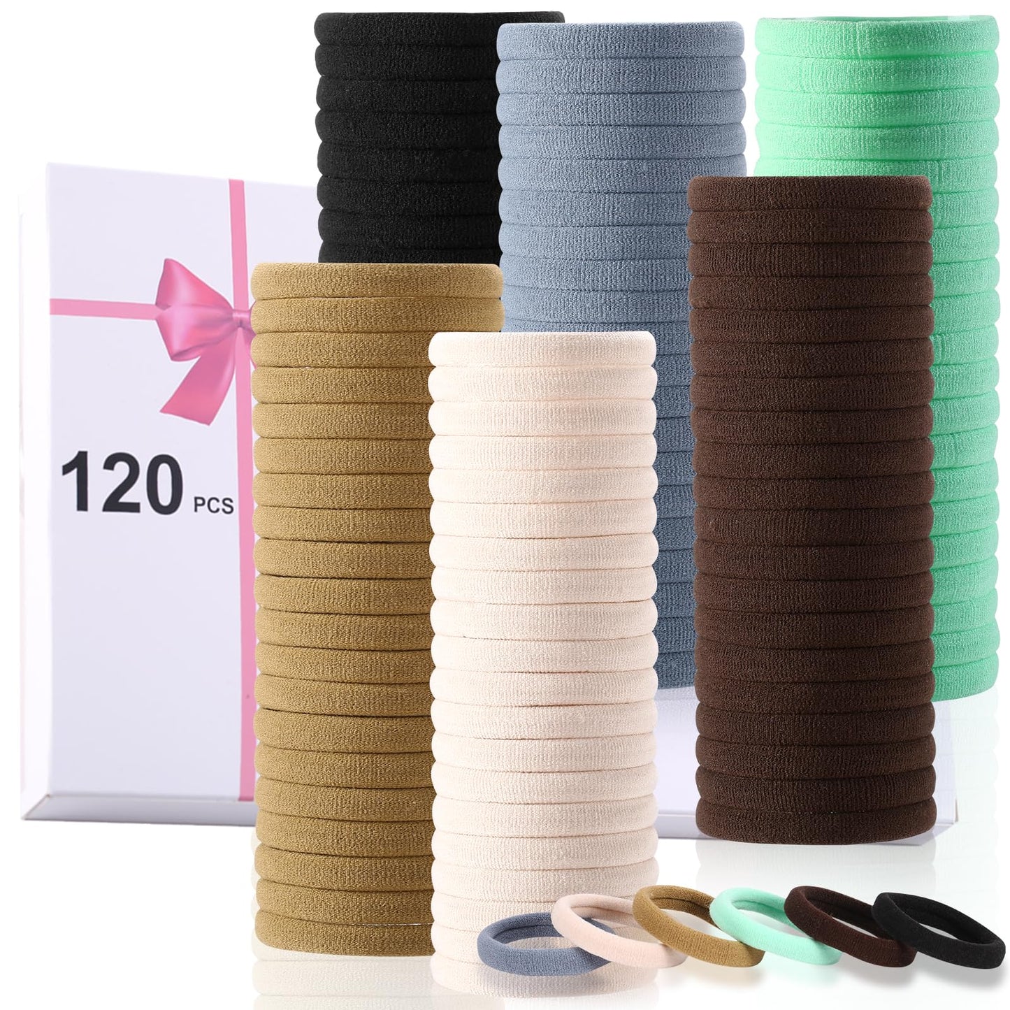 LuSeren 120 Pcs No Damage Hair Ties for Thick Hair, Large Soft Seamless Nylon Hair Elastics for Women, Ponytail Holders, Hair Accessories – Neutral Colors