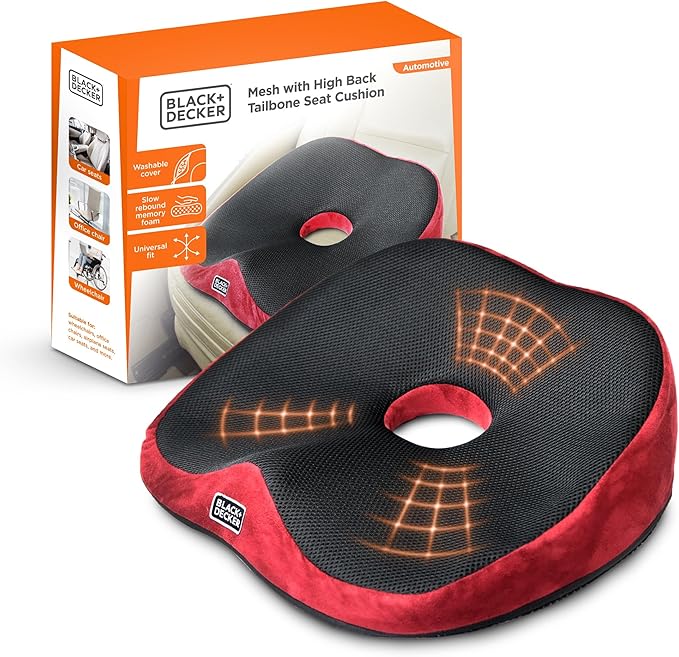 BLACK+DECKER High Back Tailbone Seat Cushion – Memory Foam Chair Cushion for Office, Car, Wheelchair & Airplane – Ergonomic, Non Slip, Breathable Mesh, Sciatic Pain Relief, Washable Cover, Purple