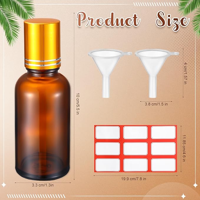 Sumind 12 Pcs 30ml Roller Glass Bottle Essential Oil with Stainless Steel Refillable Sample Container Brown Empty Roller Bottle Applicator with Funnel Sticker for Travel (Gold)