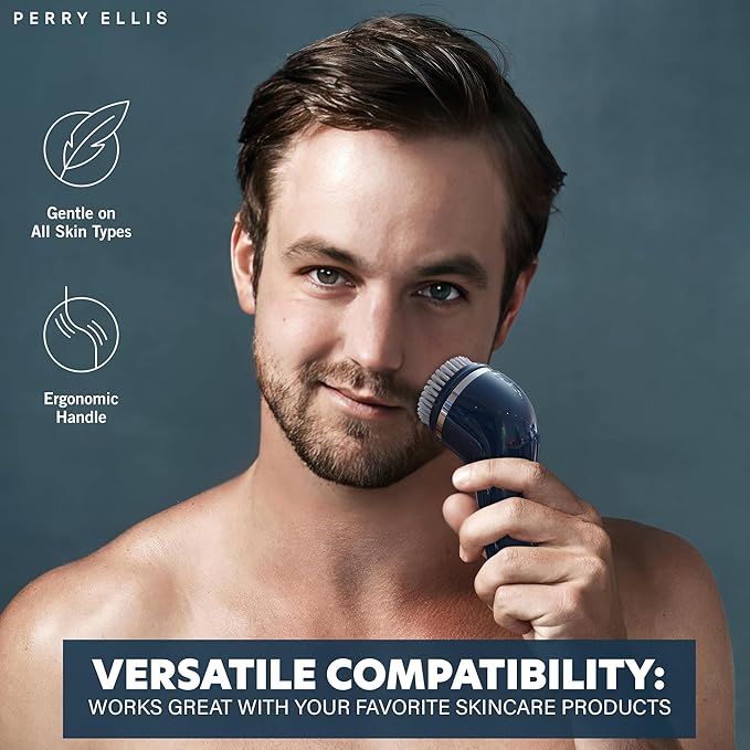 Perry Ellis 4-in-1 Cordless Facial Cleansing Brush & Facial Massager for Men | Face Brushes for Cleansing and Exfoliating | Face Massager, Facial Skin Care Products | Massage Tools w/ 4 Brush Heads