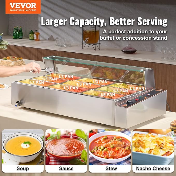 VEVOR 9-Pan Commercial Food Warmer, 9 x 8QT Electric Steam Table with Glass Cover, 1500W Countertop Stainless Steel Buffet Bain Marie 86-185°F Temp Control for Catering, Restaurants, Silver