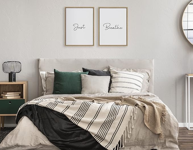 Kate and Laurel Sylvie Just Breath Black and White Framed Canvas Wall Art by The Creative Bunch Studio, 2 Piece 18x24 Natural, Minimalist Calming Art Multi-Piece Set