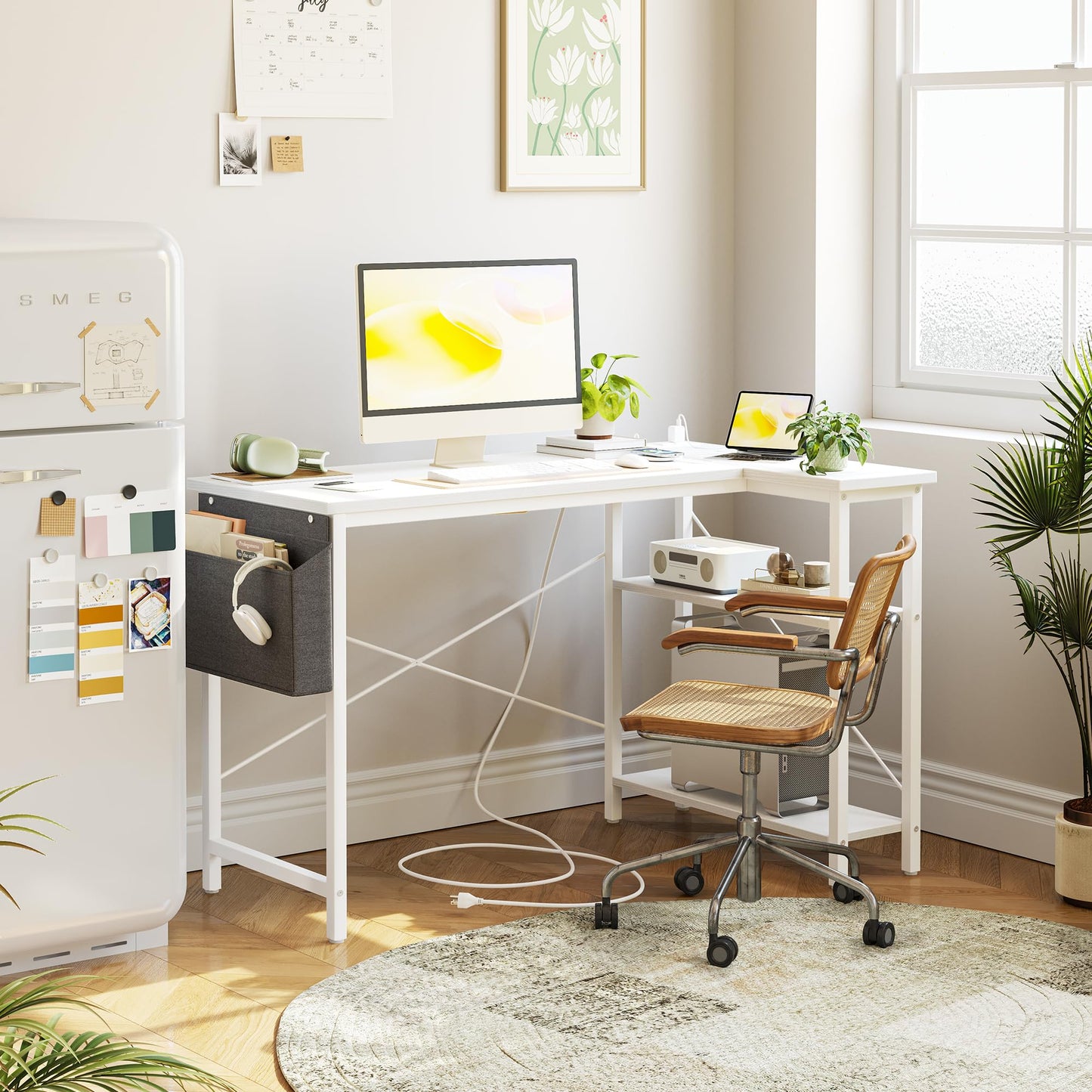 TIQLAB Small Computer Desk with Power Outlets, 40 Inch L Shaped Desk with Reversible Shelves, Gaming Desk Corner Desk Study Writing Desk for Home Office Bedroom Small Space, White