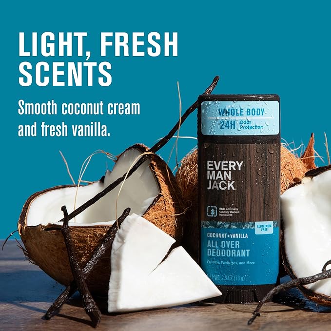 Every Man Jack All Over Deodorant - 24 Hour Whole Body Odor Protection - Aluminum Free - Coconut + Vanilla Scent 2.6 oz (1 Pack)