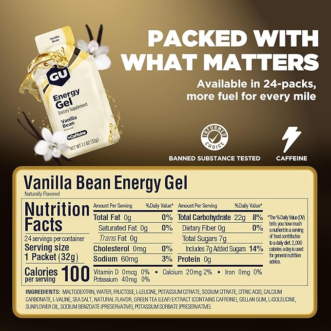 GU Energy Original Sports Nutrition Energy Gel, Vegan, Gluten-Free, Kosher, and Dairy-Free On-the-Go Energy for Any Workout, 24-Count, Vanilla Bean