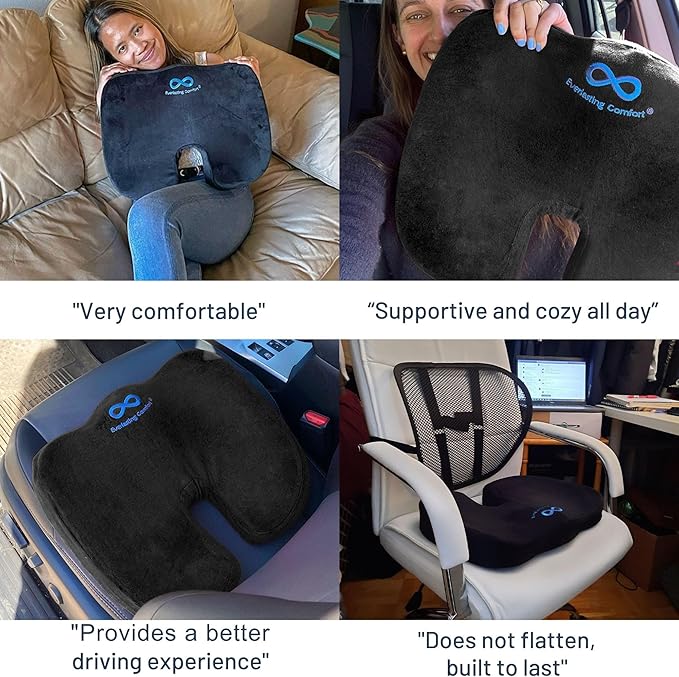 Everlasting Comfort Memory Foam Car Seat Cushion - Tailbone Pain Relief, Driving Seat Cushion for Short People - Office, Wheelchair, Gaming Chair, Travel - Non-Slip, Washable Cover