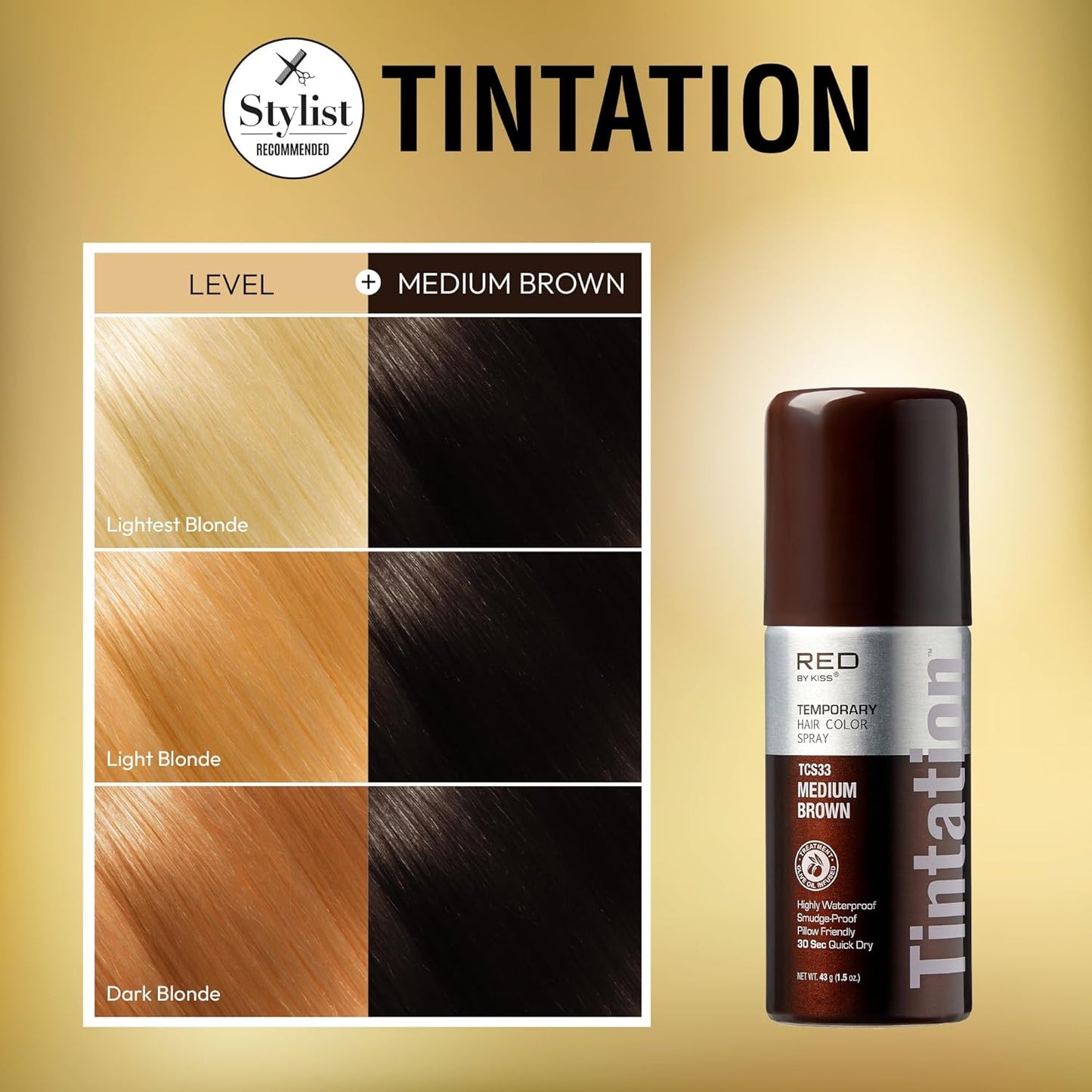 RED by Kiss 1.5OZ. Tintation Temporary Hair Color Spray, Instant Gray Root Cover Up, Water-Resistant, Smudge-Proof, Hairline & Barber Touch-Up, Quick Dry, Travel Size Spray (Medium Brown)