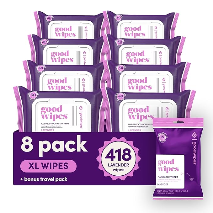goodwipes Flushable Butt Wipes - Extra Large Adult Wet Wipes For Women & Men - Bathroom Essentials - Sewer & Septic Safe - Lavender, 418 Count (8 Packs + 1 Travel)