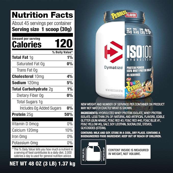 Dymatize x Fruity Pebbles ISO100 Whey Protein Powder Isolate, 25g of Protein, 45 Servings, 5.5g BCAAs, 120 Cal., Gluten Free, 1g Fat, 1g Sugar, 2g Carb
