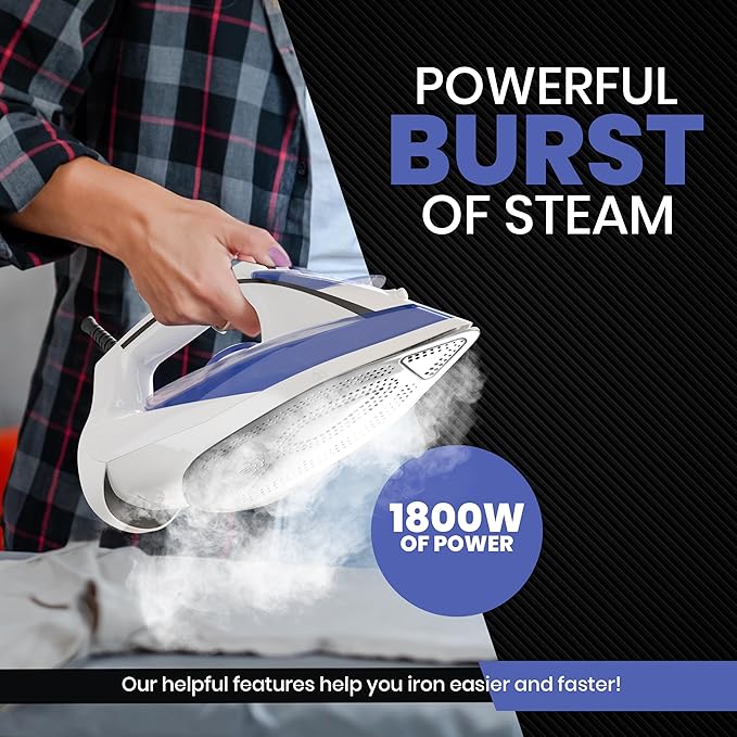 Utopia Home Steam Iron for Clothes - Non-Stick Soleplate - 1800W Clothes Iron With Auto-Off Safety Feature - Adjustable Thermostat Control, Variable Steam Control, Self-Clean, 8 Feet Cord (White/Blue)