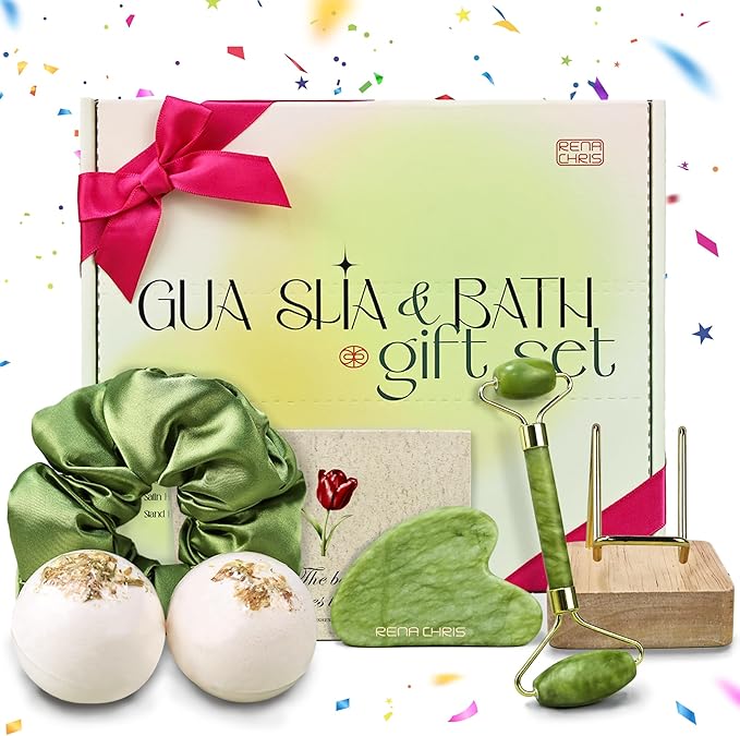 Rena Chris Gua Sha Facial Tool & Face Roller Set, Massage Spa Basket Set, Face Massager Tools Suitable for Skin Care Daily Routine, Puffiness, Body Massage