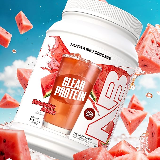 NutraBio Clear Whey Isolate Protein Powder, Delicious & Refreshing Fruit Flavors, Protein Juice, No Milky Taste, No Foam, Zero Sugar, Watermelon Breeze, 20 Servings