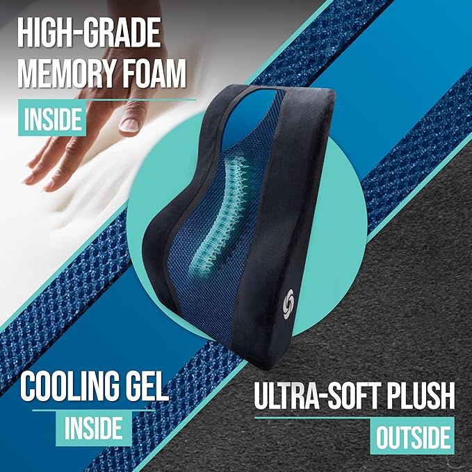 Samsonite Lumbar Support Pillow – Ergonomic Back Rest for Office Chair & Car Seat, Memory Foam Cushion for Lower Back Pain Relief, Breathable Mesh, Adjustable Strap, Black/Blue Mesh