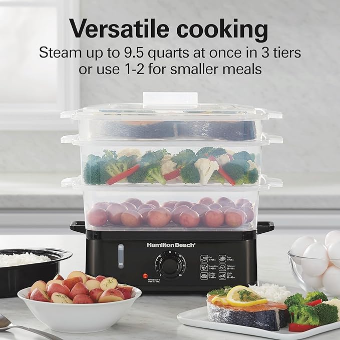Hamilton Beach Electric Food Steamer, Rice Cooker & Egg Boiler for Quick, Fast Healthy Cooking with Stackable Three-Tier Bowls for Vegetables and Seafood, 9.5 Quarts, Black (37430)