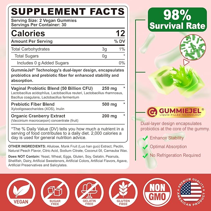 Vegan Vaginal Probiotics for Women Gummies - pH, Odor, Feminine Balance, Yeast, Urinary Tract - 50 Billion CFU Lactobacillus Reuteri, Cranberry, Prebiotics Fiber - Delayed Release - Sugar Free, 60 Cts