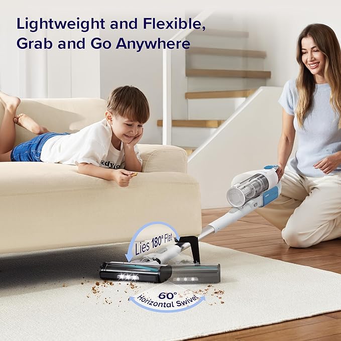 LEVOIT Cordless Vacuum Cleaner, Stick Vac with Tangle-Resistant Design, Up to 50 Minutes, Powerful Suction, Rechargeable, Lightweight, and Versatile for Carpet, Hard Floor, Pet Hair, White＆Blue