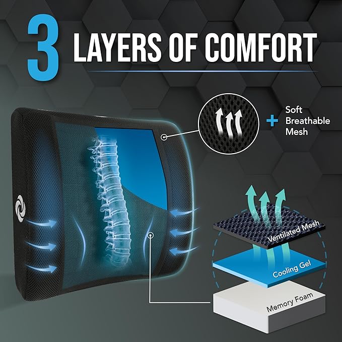 SAMSONITE, cooling gel, lumbar support pillow for office chair or car seat - boost your lower back comfort zone, high grade - memory foam, universal chair cushion, breathable mesh, washable cover