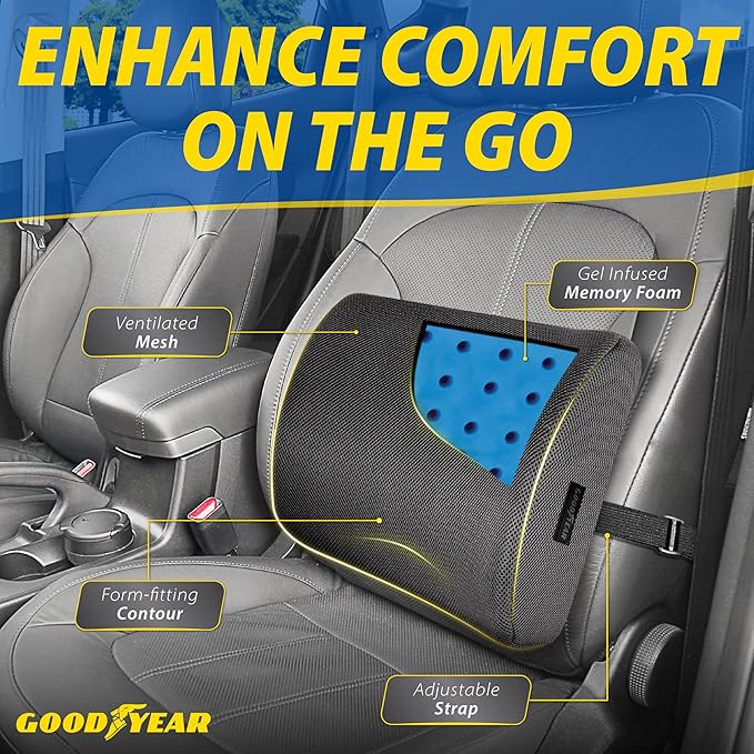 Goodyear Pure Memory Lumbar Support Pillow – Premium Memory Foam Back Support Cushion for Office Chair, Car Seat & Recliner – Ergonomic Lower Back Relief, Breathable Mesh Cover, Adjustable Strap