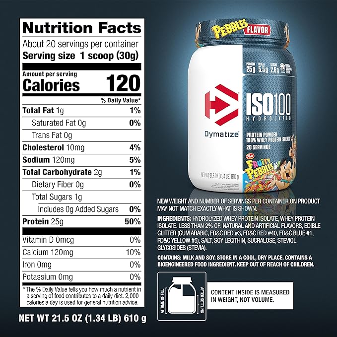 Dymatize x Fruity Pebbles ISO100 Whey Protein Powder Isolate, 25g of Protein, 20 Servings, 5.5g BCAAs, 120 Cal., Gluten Free, 1g Fat, 1g Sugar, 2g Carb