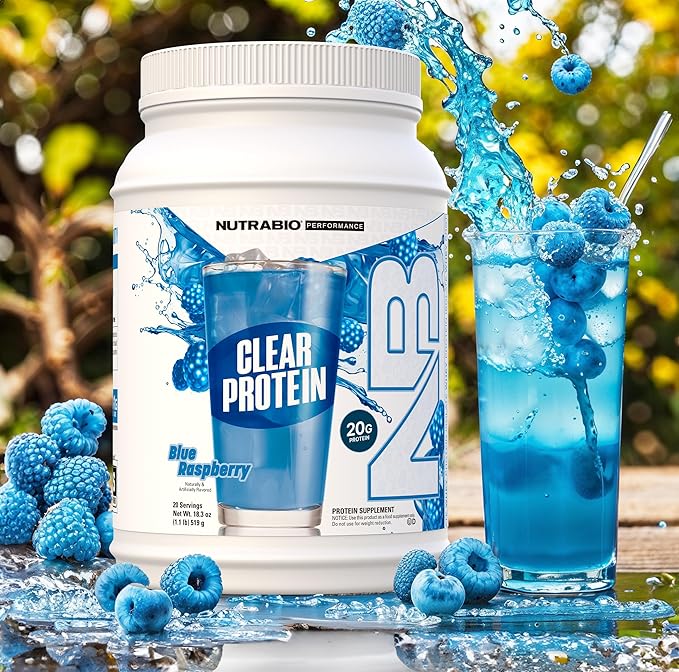 NutraBio Clear Protein Powder, Delicious & Refreshing Fruit Flavors, Protein Juice, No Milky Taste, No Foam, Zero Sugar, Blue Raspberry, 20 Servings