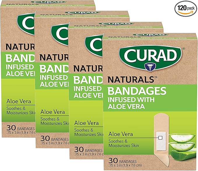 CURAD Naturals Aloe Vera & Vitamin E Bandages 0.75" x 3", Individually Wrapped Sterile Bandage, First Aid Kit Essential, Protects Scrapes and Cuts, Absorbent and Self-Adhesive, 30-Count - 4 Boxes