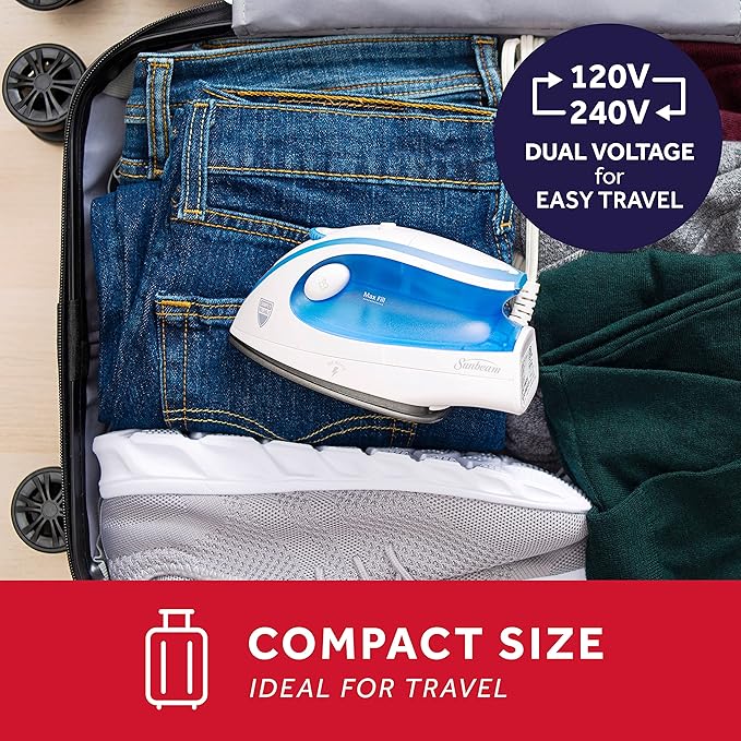 Sunbeam Hot-2-Trot Travel Steam Iron, 800 Watt Dual Voltage 120/240, Compact Size, Portable, Non-Stick Soleplate, Soft Touch Handle, Horizontal or Vertical Use, White and Blue