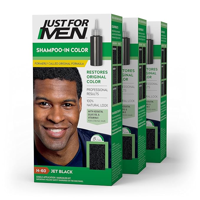Just For Men Easy Comb-In Color Mens Hair Dye & Shampoo-In Color (Formerly Original Formula), Mens Hair Color with Keratin and Vitamin E for Stronger Hair - Jet Black, H-60, Pack of 3