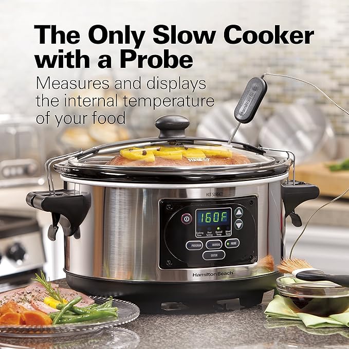 Hamilton Beach Digital Programmable Rice Cooker & Food Steamer & Portable 6 Quart Set & Forget Digital Programmable Slow Cooker Lock, Dishwasher Safe Crock & Lid, Temperature Probe, Stainless Steel