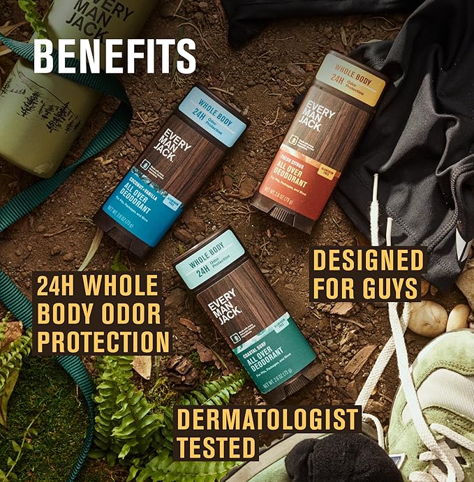 Every Man Jack All Over Deodorant - 24 Hour Whole Body Odor Protection - Aluminum Free - Coastal Surf Scent 2.6 oz (1 Pack)