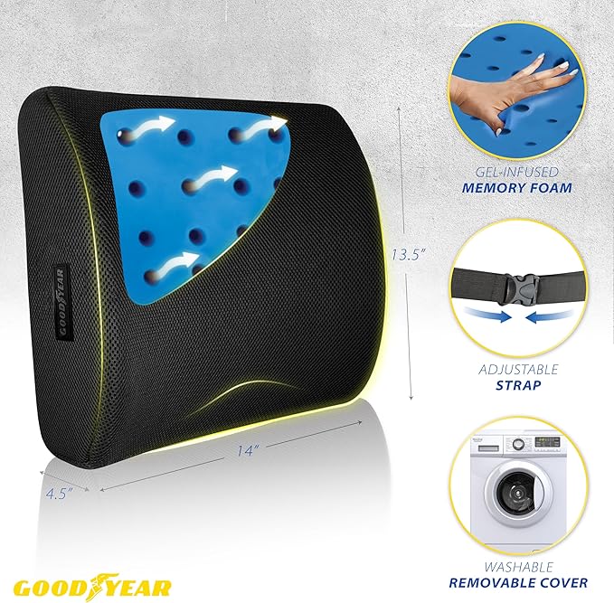 Goodyear Pure Memory Lumbar Support Pillow – Premium Memory Foam Back Support Cushion for Office Chair, Car Seat & Recliner – Ergonomic Lower Back Relief, Breathable, Cooling, Adjustable Strap