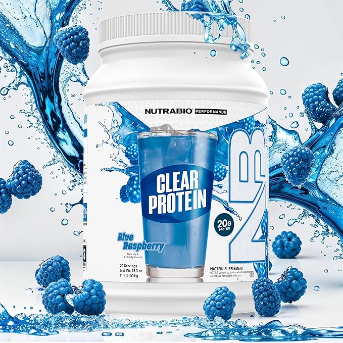 NutraBio Clear Protein Powder, Delicious & Refreshing Fruit Flavors, Protein Juice, No Milky Taste, No Foam, Zero Sugar, Blue Raspberry, 20 Servings