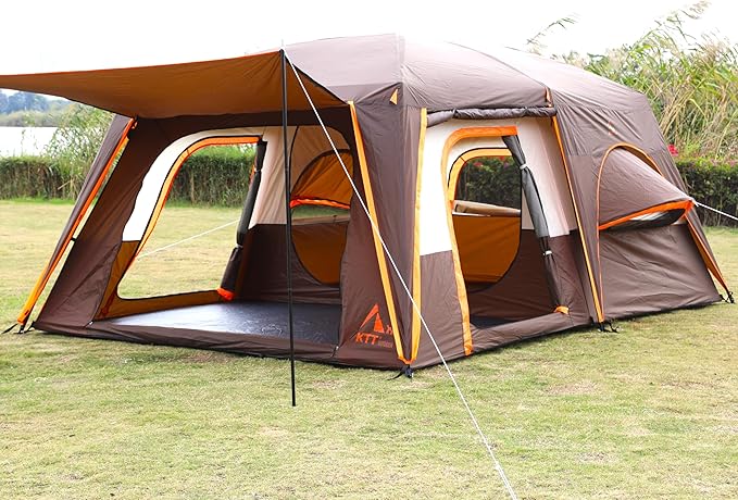 KTT Large Family Cabin Tent 10-12 Person,14.1X10X6.58ft,2 Rooms,3 Storage Pockets,2 Bay-Windows 3 Doors and 3 Windows with Mesh,Straight Wall,Waterproof,Double Layer,Big Tent for Outdoor,Camping