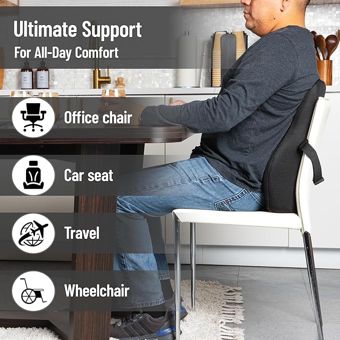 Mind Reader Lumbar Support Cushion for Office Chair and Car Seat, Memory Foam, Air-Cloud Technology, Back Pain Relief, Improves Posture, 14.5" L x 5" W x 18.5" H, Black