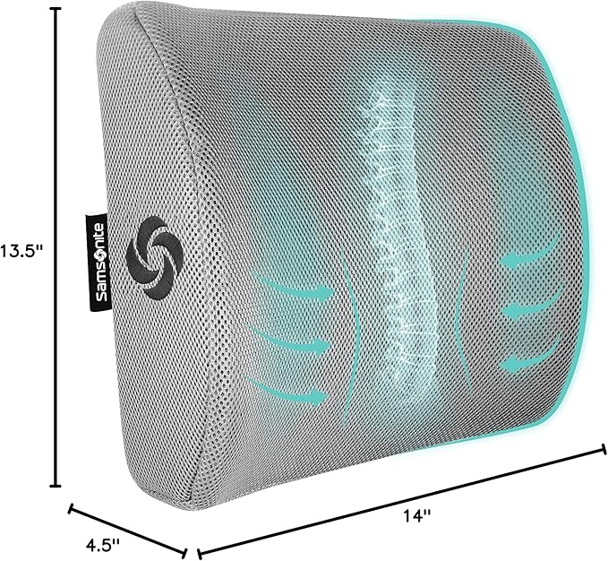 SAMSONITE Lumbar Support Pillow for Office Chair and Car Seat, Perfectly Balanced Memory Foam, Versatile Use Lower Back Cushion, Gray