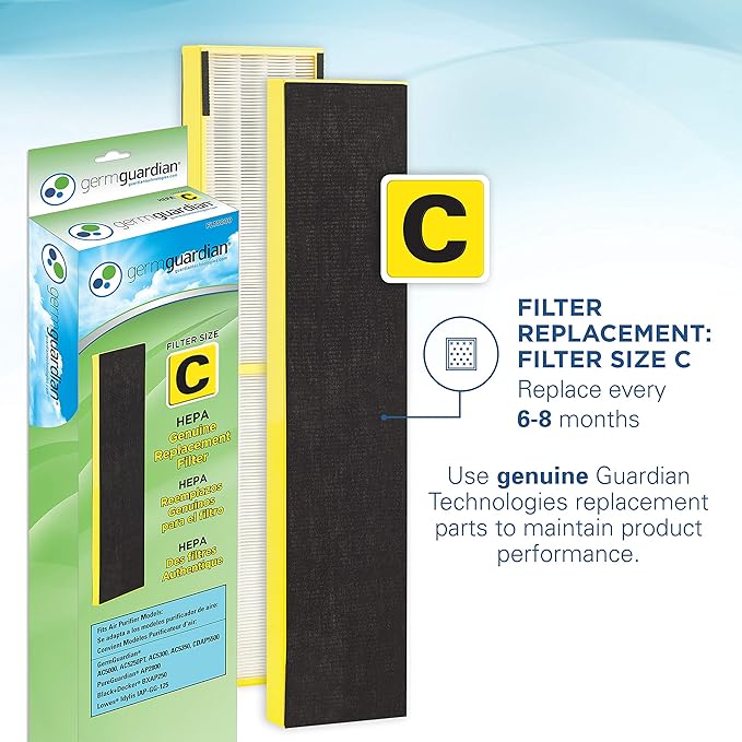 GermGuardian Air Purifier for Home with HEPA Pure Filter, UV-C Light Sanitizer, Eliminates Germs, Filters Allergens, Pollen, Smoke, Dust, Pet Dander, Mold, Odors, 28", Black, AC5300B