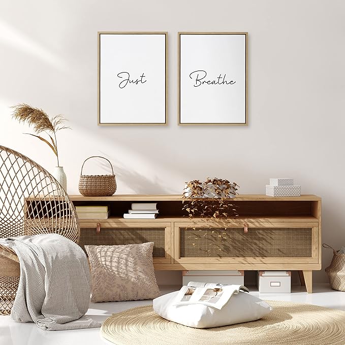 Kate and Laurel Sylvie Just Breath Black and White Framed Canvas Wall Art by The Creative Bunch Studio, 2 Piece 18x24 Natural, Minimalist Calming Art Multi-Piece Set