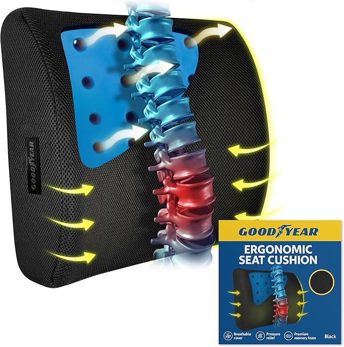 Goodyear Pure Memory Lumbar Support Pillow – Premium Memory Foam Back Support Cushion for Office Chair, Car Seat & Recliner – Ergonomic Lower Back Relief, Breathable Mesh Cover, Adjustable Strap