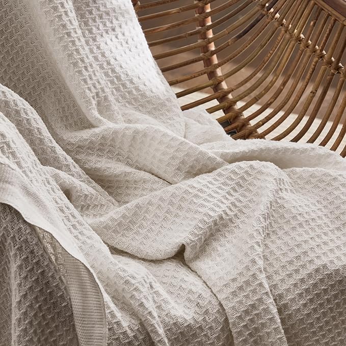 Bedsure 100% Cotton Blanket Twin XL Size for Bed - Breathable and Soft, Waffle Weave Blanket for Summer Spring, Light Beige, 66x90 inches