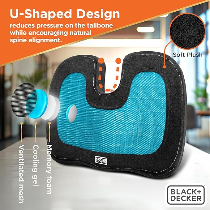BLACK+DECKER Gel U-Shape Seat Cushion – Cooling Memory Foam Chair Cushion for Office, Car, Wheelchair & Airplane – Ergonomic, Non-Slip, Pain Relief, Washable Cover